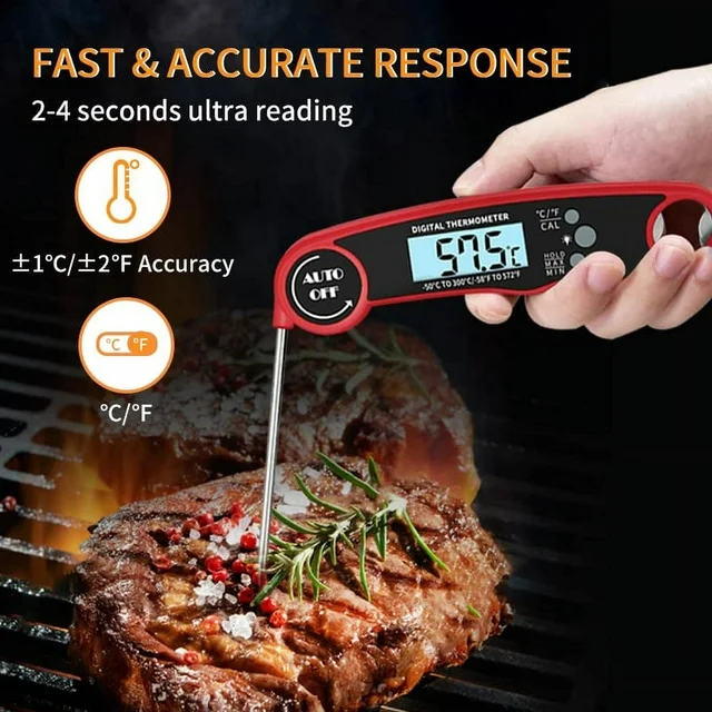 ✅ The cooking thermometer takes the temperature in a little as 2 seconds and is accurate to ±1°C(1.8℉) degrees with a wide range of -58℉~572℉（-50°C~300°C).
✅ With professional IP67 rated waterproof design, thermapen thermometer can be washed under running water without fear! Incredible waterproof performance makes it easier to clean.
✅ Easy Storage & Built-in Magnet, the wireless meat thermometer has built-in magnet and a hanging hole with bottle opener function.
✅ The LCD digital meat thermometer is perfect for indoor/outdoor cooking, grilling, BBQ and more. No matter what you're cooking, this instant read meat thermometer is the best assistant for you.
Packing list:
1x Food Thermometer
1x Manual Book
1x Battary